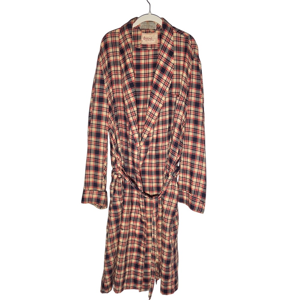 Vintage Viyella Robe XL Red Navy Tartan Plaid Wool Pima Scottish Heritage 80s